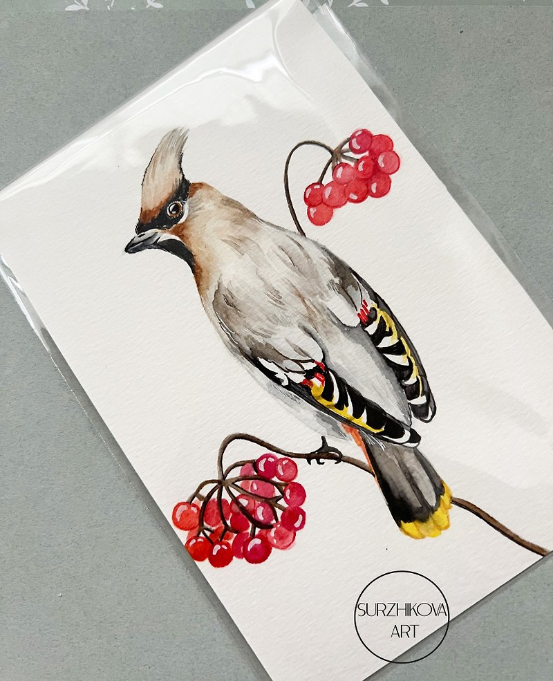 Original watercolor painting depicting a Waxwing bird on a branch, 5x7 inches - 墙贴/壁贴 - 纸 