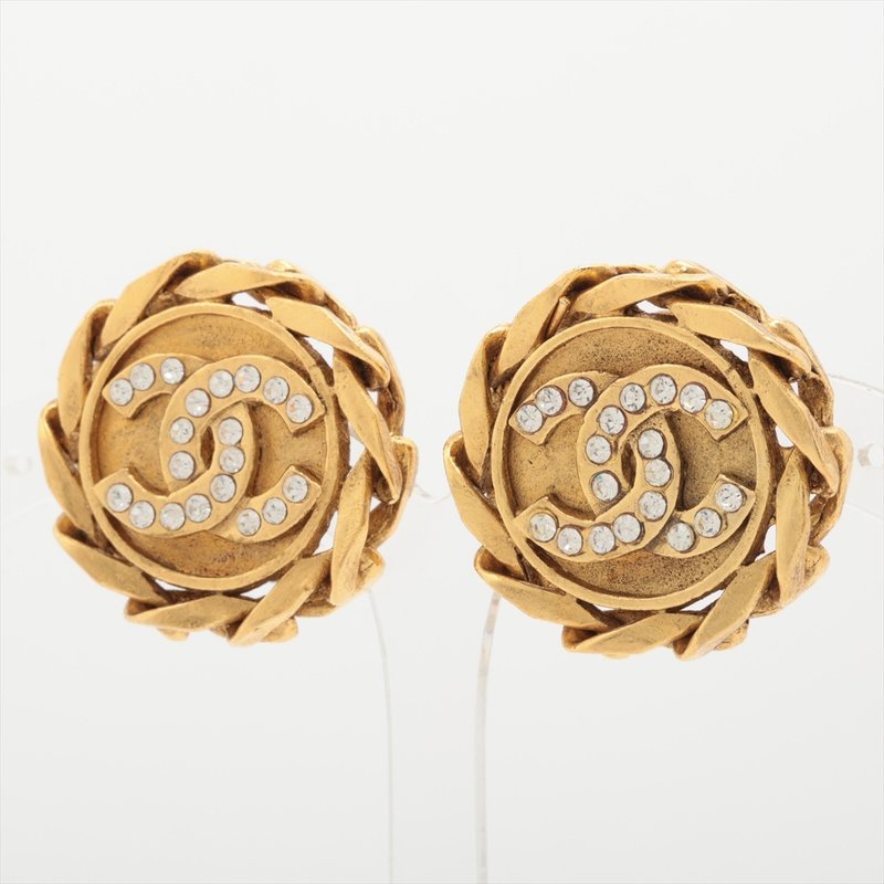 CHANEL CC clip-on earrings 金色水钻链条设计围圈耳夹 日本中古 - 耳环/耳夹 - 其他金属 金色