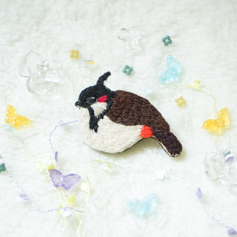羊毛系列 红耳鹎 野鸟刺绣胸针 - 胸针 - 绣线 咖啡色