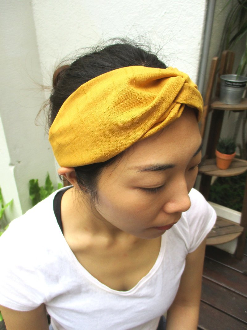 交叉发带(松紧手工)-深黄竹节纱 - 发饰 - 棉．麻 黄色