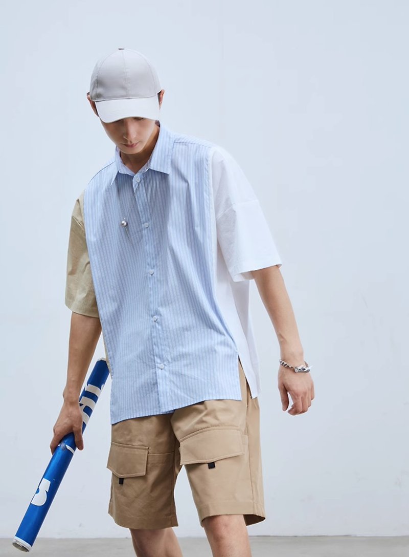 日系极简 条纹寬鬆短袖衬衫 - 男装衬衫 - 棉．麻 蓝色
