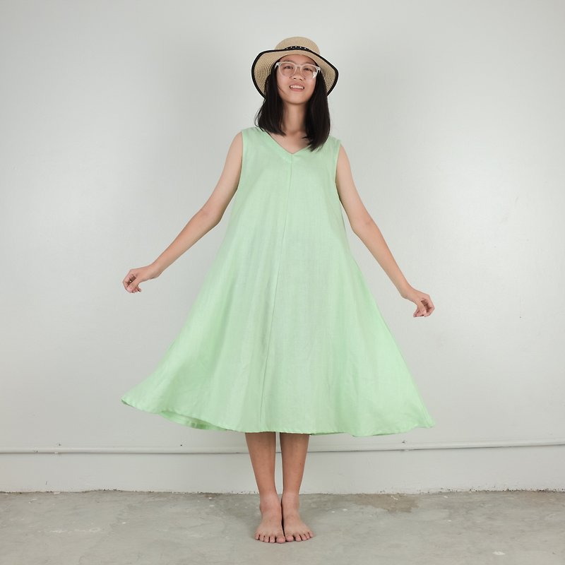 A-dress Linen Fabric (Lime) - 洋装/连衣裙 - 棉．麻 绿色