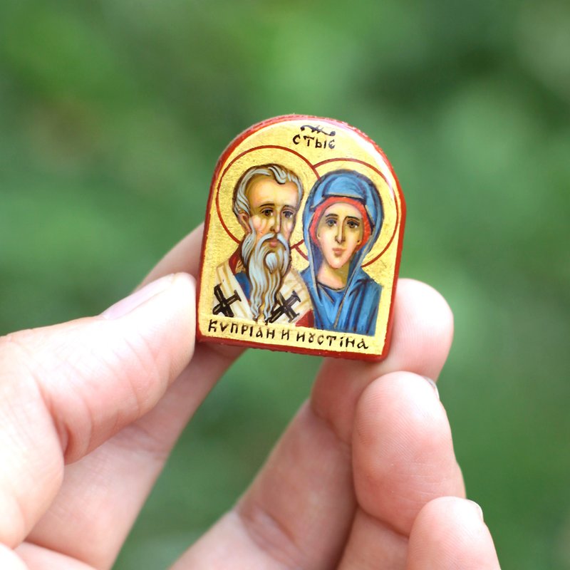 hand painted orthodox wood icon saint Holy Great Martyrs Cyprian and Justina - 其他 - 木头 绿色