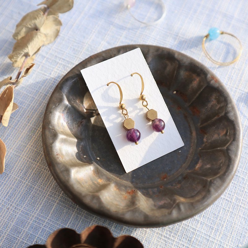 小垂坠系列-小葡萄 紫晶 可改夹式 - 耳环/耳夹 - 铜/黄铜 紫色