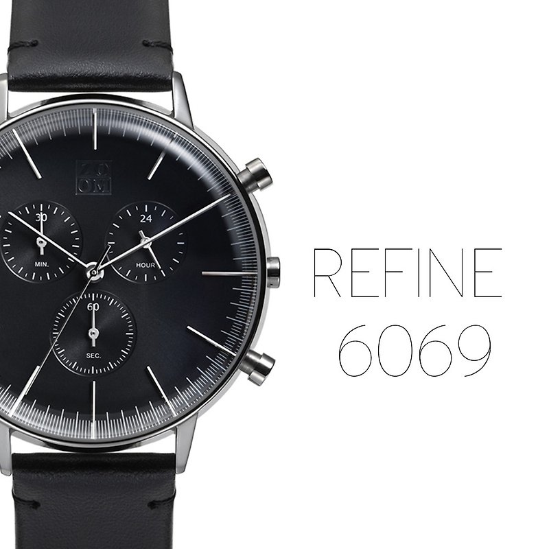 REFINE 6069 纯粹经典计时皮革男表 - 黑色 - 男表/中性表 - 真皮 黑色