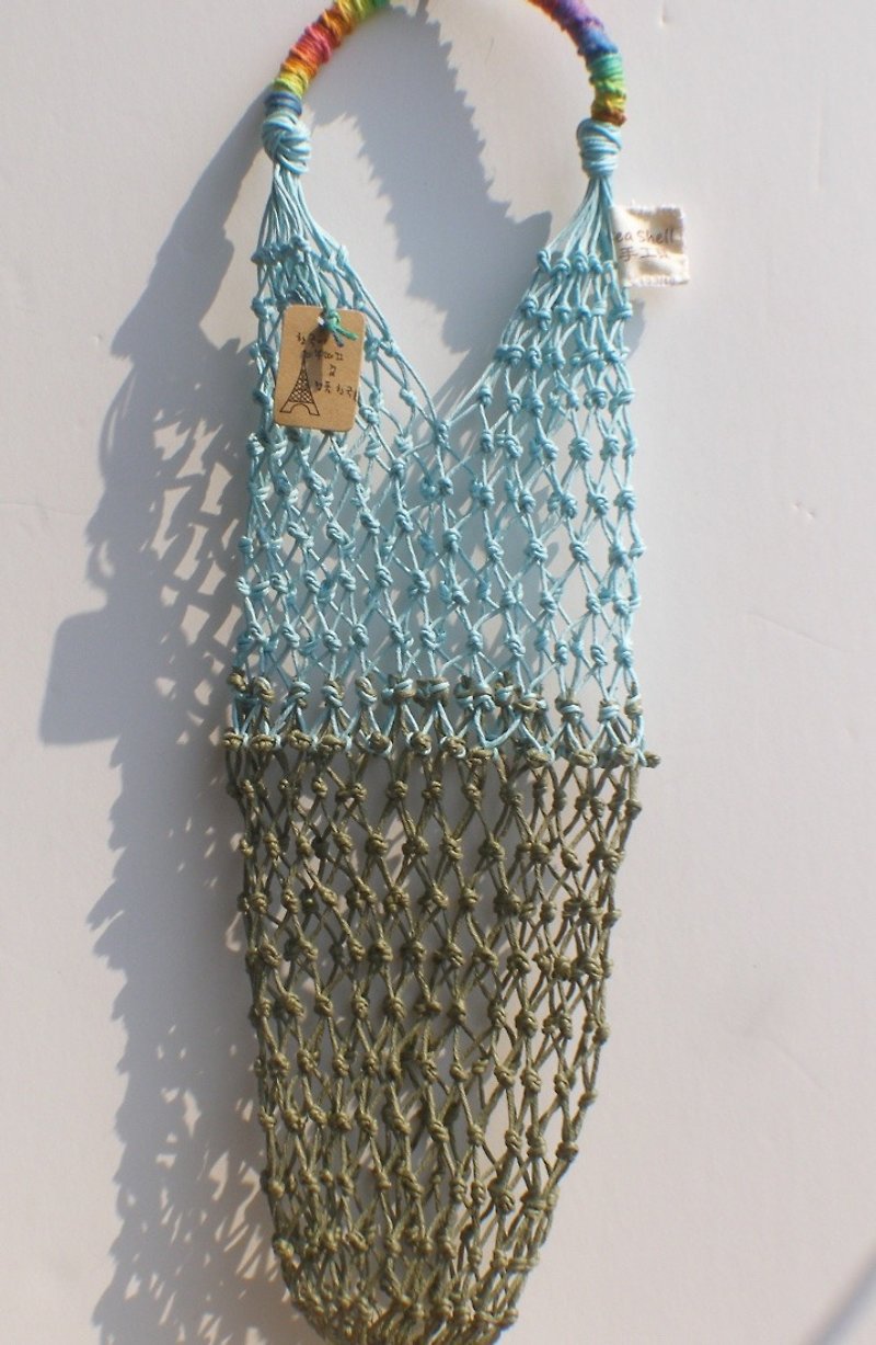 环保手工编织网袋－墨绿色+湖水蓝色 /手提袋／饮料/小保温瓶 - 随行杯提袋/水壶袋 - 棉．麻 