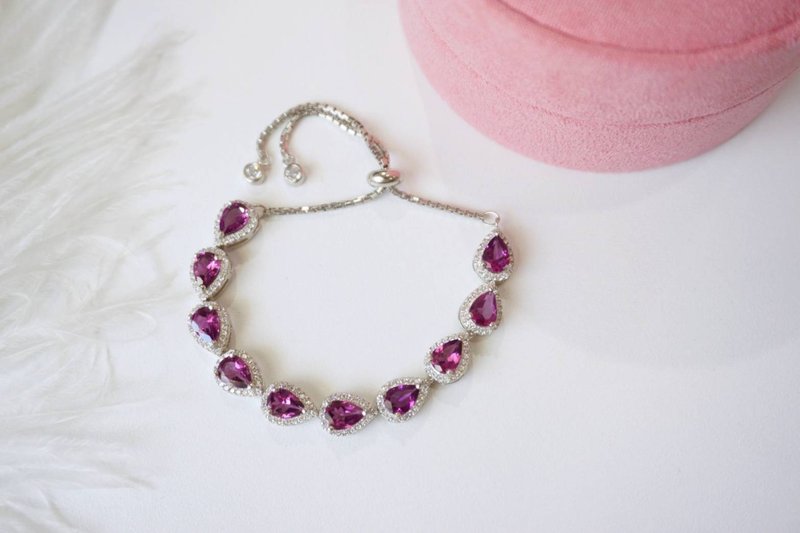 Natural Rhodolite Garnet Bracelet Silver 925 With 18K White gold Plated - 手链/手环 - 纯银 紫色