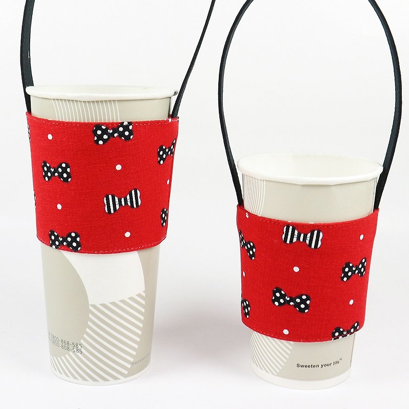饮料杯套 环保杯套 提袋- 蝴蝶结(红) - 随行杯提袋/水壶袋 - 棉．麻 红色