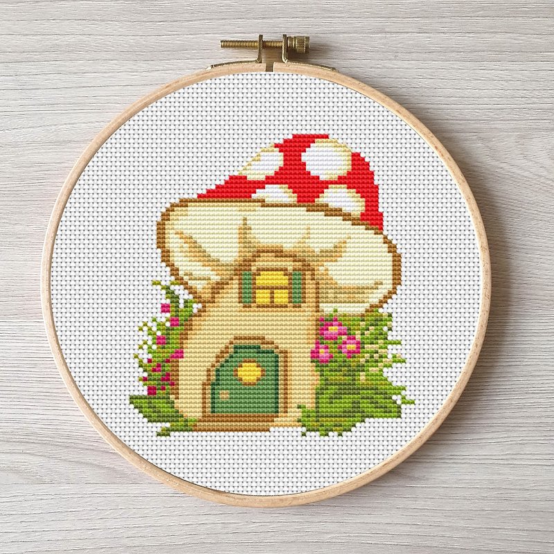 Mushroom cross stitch pattern pdf, easy embroidery DIY - 编织/刺绣/羊毛毡/裁缝 - 绣线 多色
