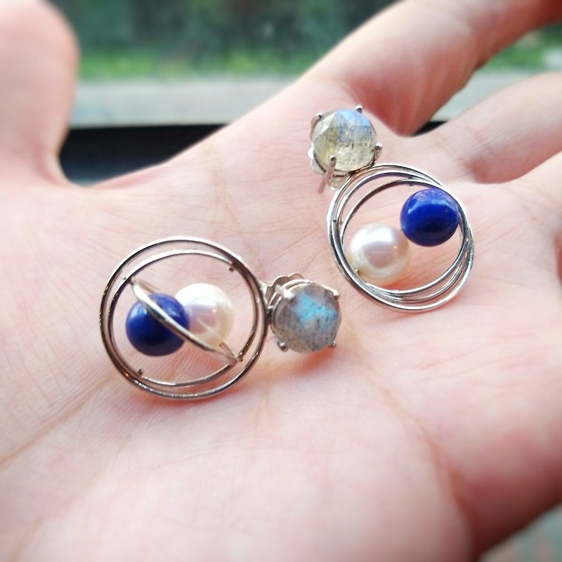 回转日本Akoya珍珠青金石纯银耳环 - 耳环/耳夹 - 半宝石 蓝色