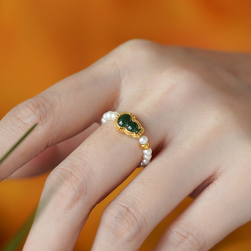 18k金翡翠葫芦珍珠戒指 未时黄金天然强光正圆轻奢气质女款礼物 - 戒指 - 珍珠 