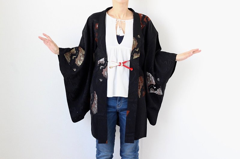 Urushi kimono, authentic kimono, haori jacket, Japanese silk kimono /3945 - 女装休闲/机能外套 - 丝．绢 黑色