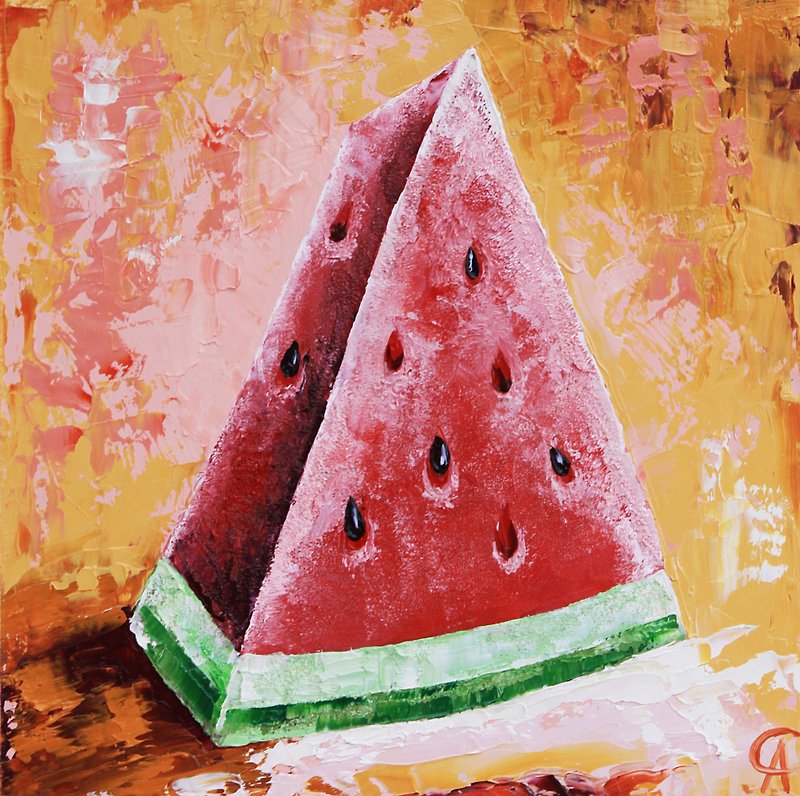 Watermelon Painting Fruit Still Life Original Art Kitchen Wall Art Small Oil Art - 海报/装饰画/版画 - 其他材质 粉红色