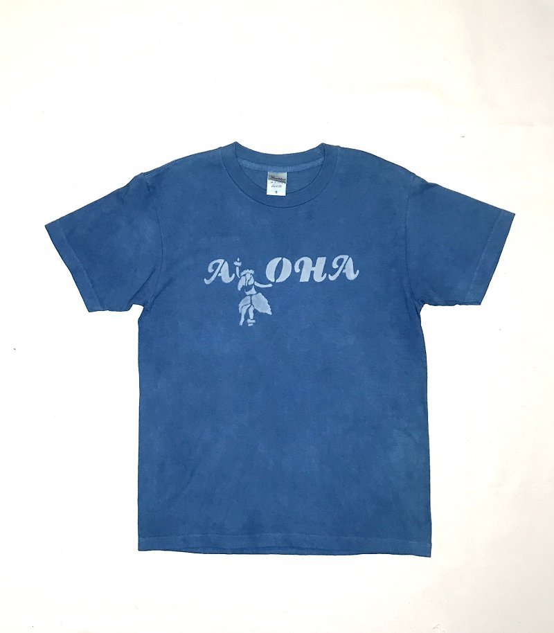 【受注製作】Indigo dyed 藍染 - ALOHA TEE - 中性连帽卫衣/T 恤 - 棉．麻 蓝色