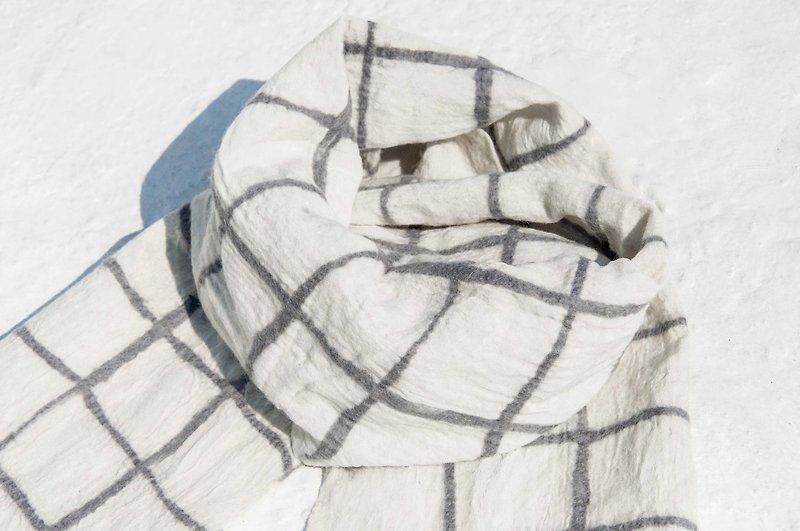 手工羊毛毡丝巾/湿毡丝巾/水彩艺术感围巾/羊毛围巾-白色方格格纹 - 丝巾 - 羊毛 白色