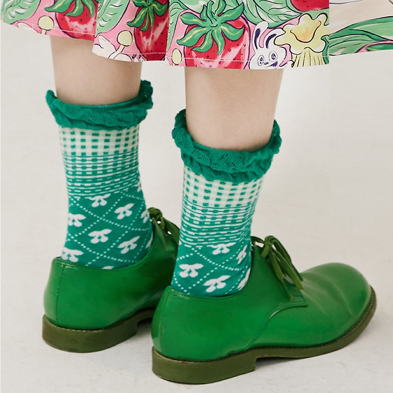 復古印花 樱桃 菱格 荷叶边 可爱中筒袜 3雙套組 - 袜子 - 其他材质 多色