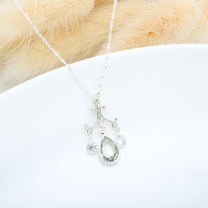 华丽 宫廷风 绿水晶 Green Quartz s925 纯银 项链 情人节 礼物 - 锁骨链 - 宝石 绿色