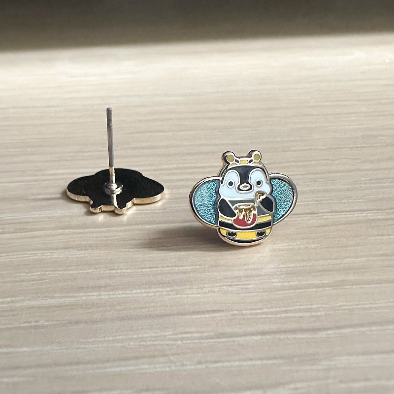 Oops bear - 贪吃的小蜜蜂企鹅金属珐琅耳环/耳夹-耳针防敏设计 - 耳环/耳夹 - 珐琅 金色