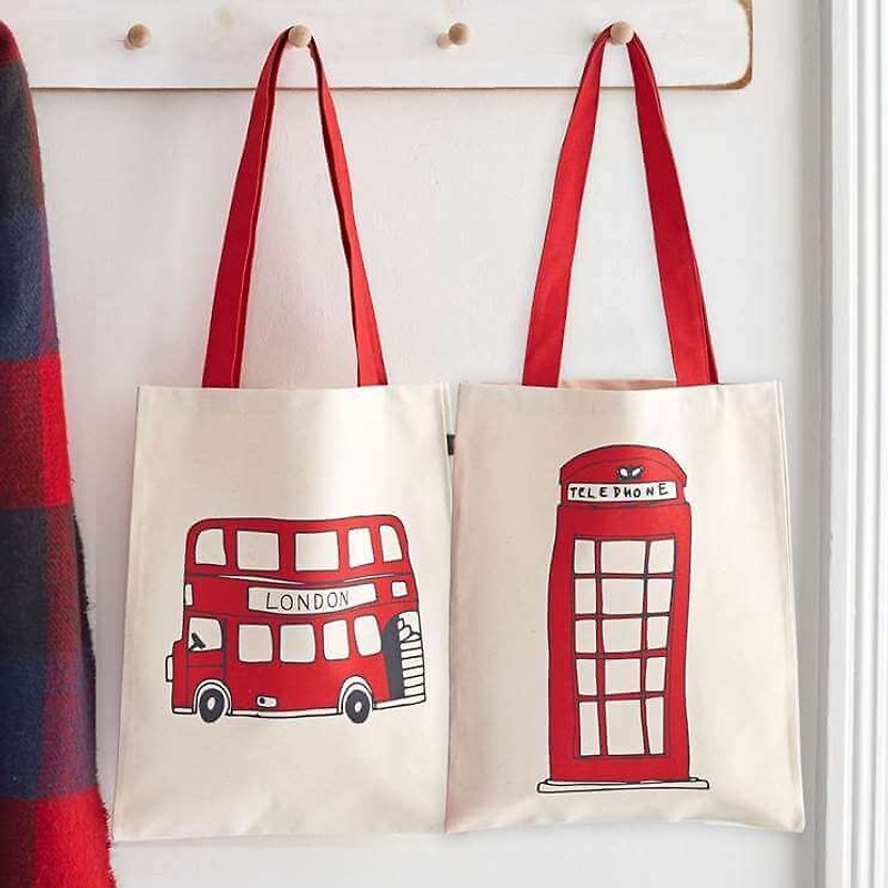 英国蛋 帆布包 电话亭和公车 - 手提包/手提袋 - 棉．麻 红色