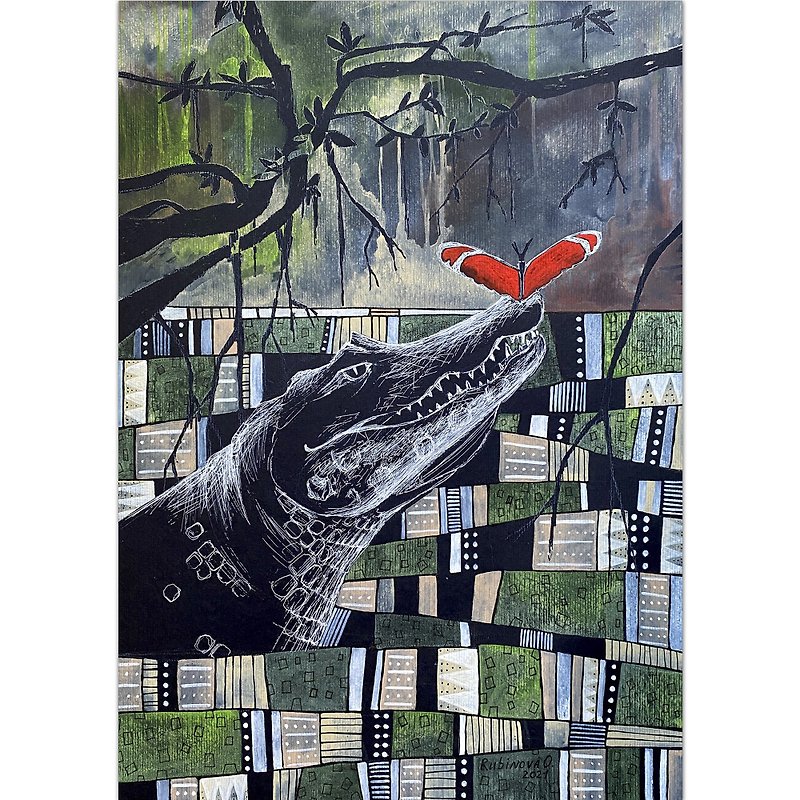 Alligator art Crocodile original painting Black paper artwork Ethnic wall art - 海报/装饰画/版画 - 纸 绿色