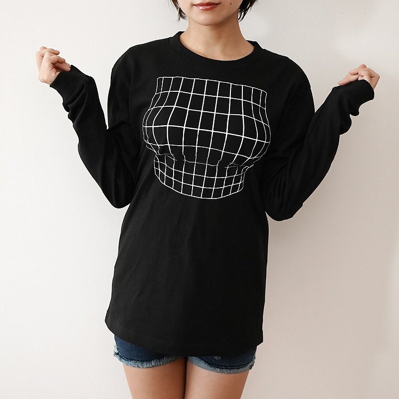Mousou Mapping T-shirt/ Illusion grid/ Black / Long sleeve - 女装 T 恤 - 棉．麻 黑色