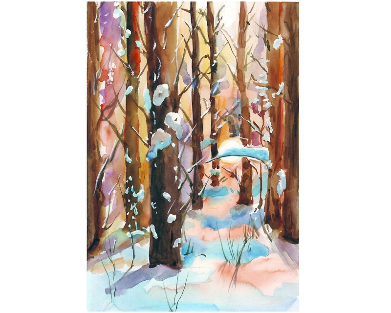 冬季绘画森林原创艺术风景水彩雪墙艺术 - 海报/装饰画/版画 - 纸 