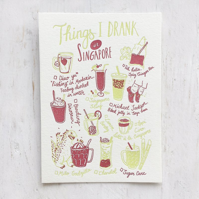 Things I Drank in Singapore Letterpress Postcard - 卡片/明信片 - 纸 