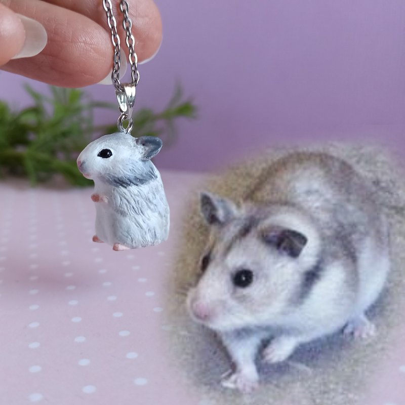 Syrian hamster necklace White and silver gray longhair breed memorial gift - 其他 - 塑料 银色