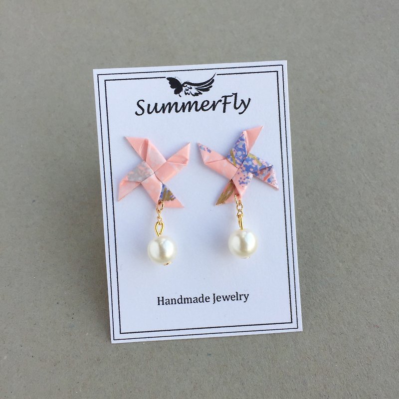 耳夹 耳针—粉色可爱日本折纸风车耳环--防水 - 耳环/耳夹 - 纸 粉红色