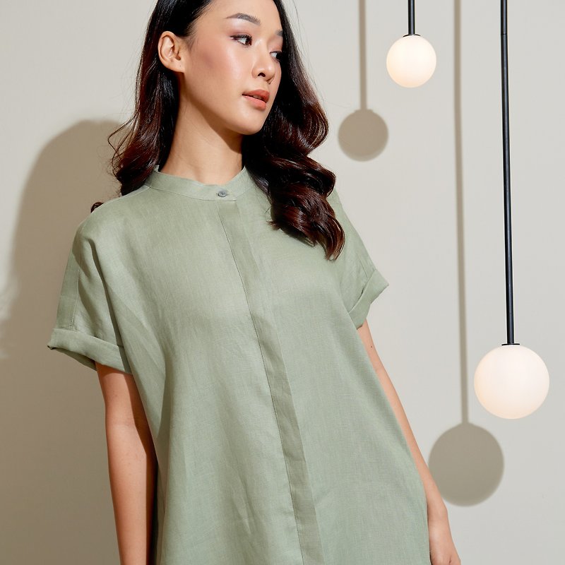 Mandarin Collar With Short Folded Sleeves Dress : Moss - 洋装/连衣裙 - 棉．麻 绿色