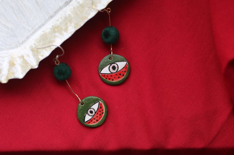 【圣诞节】红绿涂鸦眼睛陶瓷耳环耳夹纯银 - 耳环/耳夹 - 陶 绿色