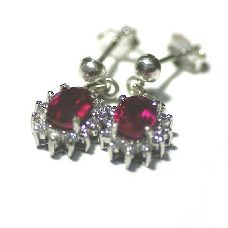Synthetic spinel pierce earrings - 耳环/耳夹 - 其他金属 红色