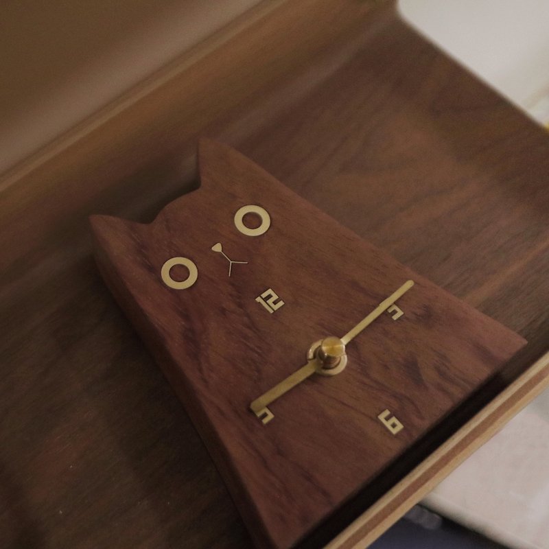 HIBBERS原创设计非洲酸枝木镶黄铜家居装饰桌摆件猫造型钟表闹钟 - 时钟/闹钟 - 木头 咖啡色