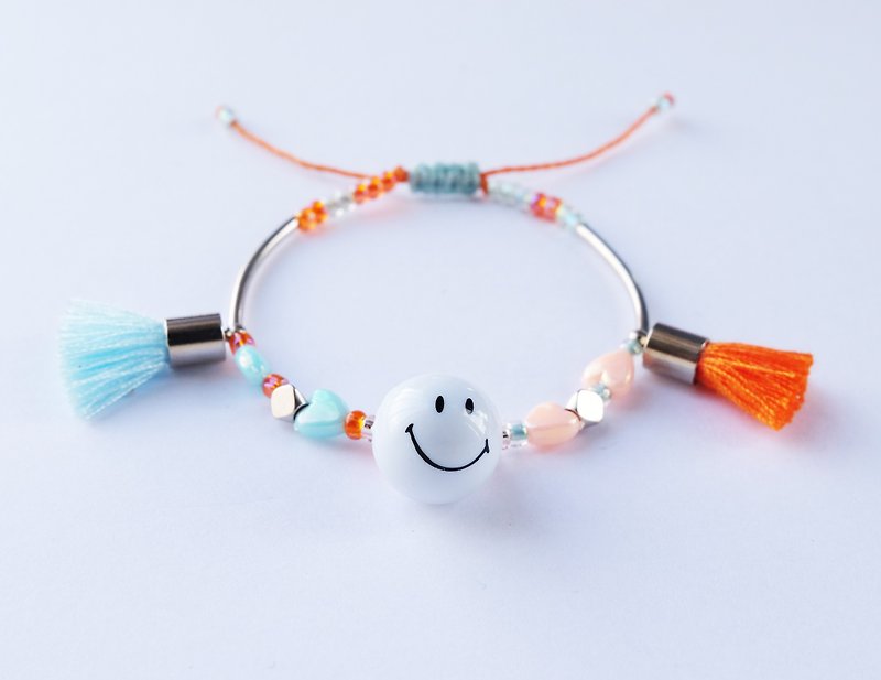 Smiley blue orange tassel string bracelet - 手链/手环 - 其他材质 