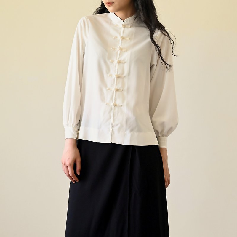 【NaSuBi Vintage】中式风格盘扣古着衬衫 - 女装衬衫 - 其他人造纤维 白色