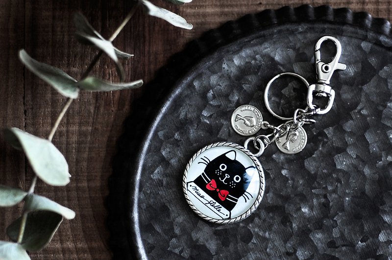 家常猫钥匙圈-黑猫 / 玻璃球吊饰 / 3cm大钥匙圈 - 钥匙链/钥匙包 - 其他金属 银色