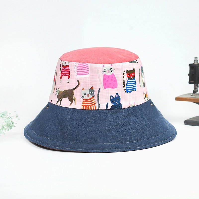 小牛村 手工双面帽 渔夫帽 猫咪 粉色【日屋家猫】BF-56 限量 - 帽子 - 棉．麻 粉红色