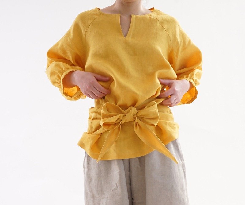 雅亜麻リネン ウエストリボンのラグラントップス /藤黄 色 (とうおう) t13-5 - 女装上衣 - 棉．麻 黄色