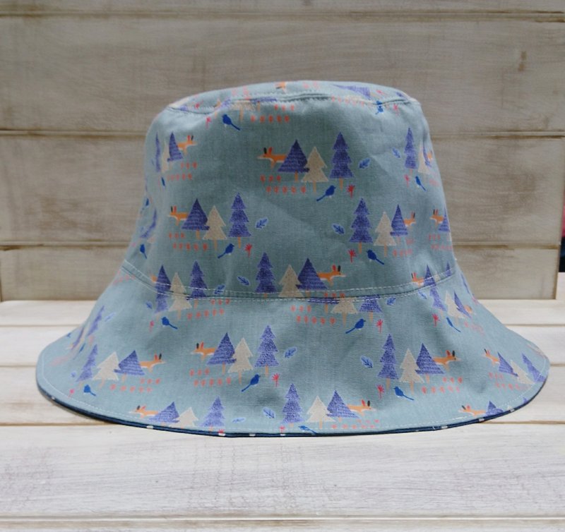 森林狐狸小鸟 蓝色点点双面渔夫帽 遮阳帽 - 帽子 - 棉．麻 蓝色