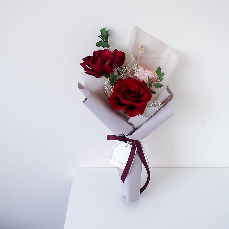 三朵不凋花 栀子花与玫瑰 韩式花束 - 干燥花/捧花 - 植物．花 红色