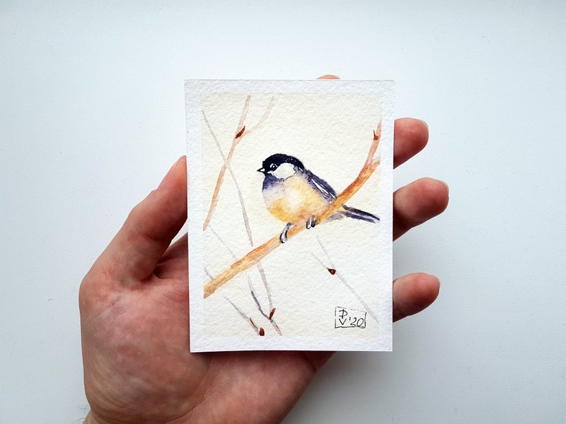 Chickadee Painting ACEO Original Art Bird Watercolor Small Artwork - 墙贴/壁贴 - 纸 多色