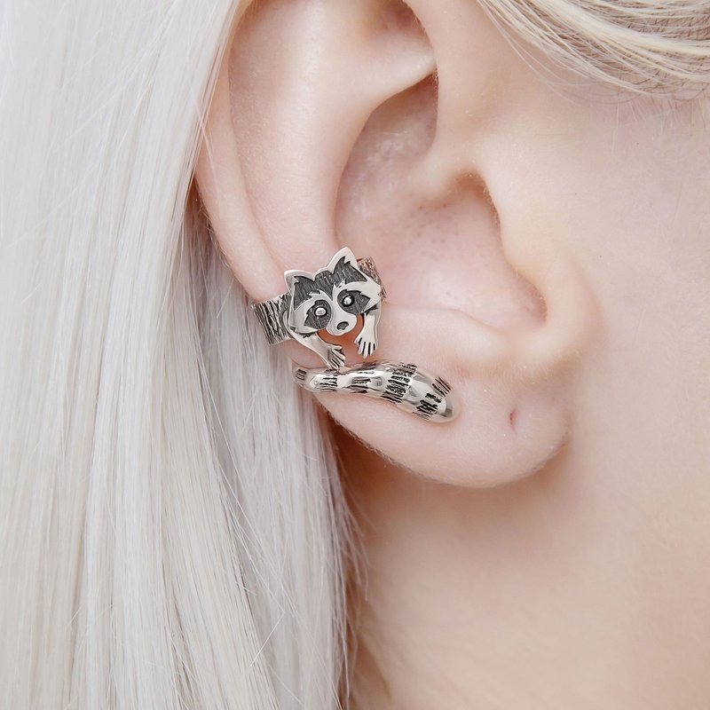 Raccoon ear cuff silver no piercing, raccoon earring - 耳环/耳夹 - 纯银 银色