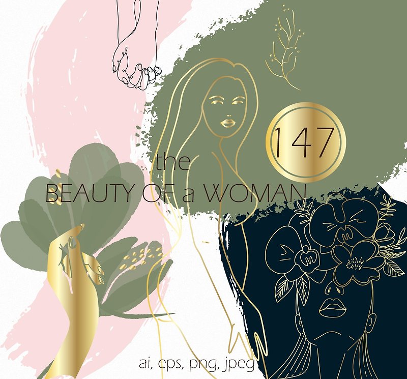 Beauty woman set of line drawings with abstraction, set flowers line art - 插画/绘画/写字 - 其他材质 金色