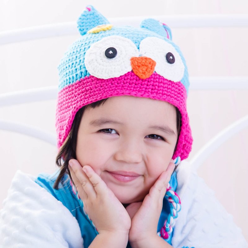 Cutie Bella手工编织帽Owl-Aqua/Fuchsia - 婴儿帽/发带 - 棉．麻 蓝色