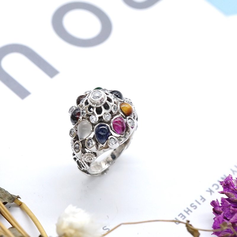 Thai Antique Nine Colors Gemstones Silver Ring - 戒指 - 其他金属 多色
