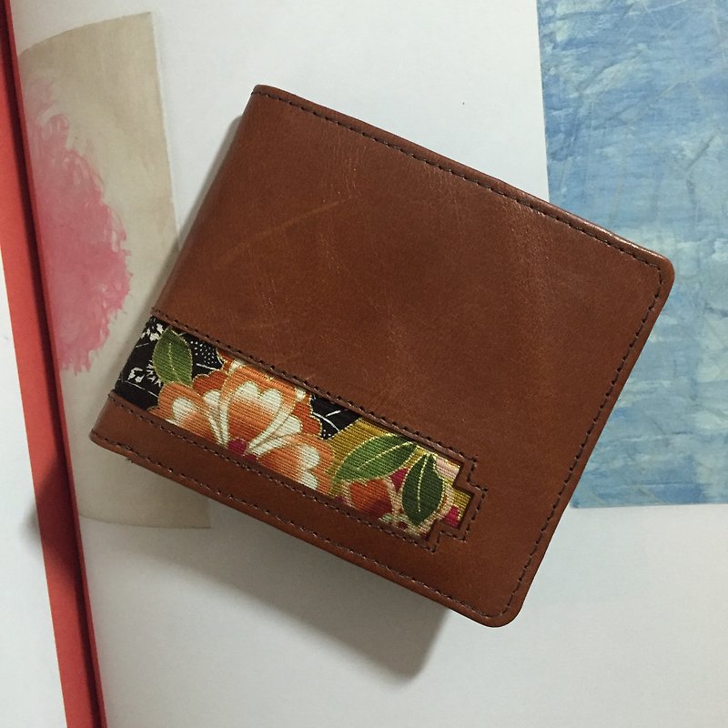 日式和风布料+植鞣革短夹 (限量两个) - 皮夹/钱包 - 真皮 咖啡色