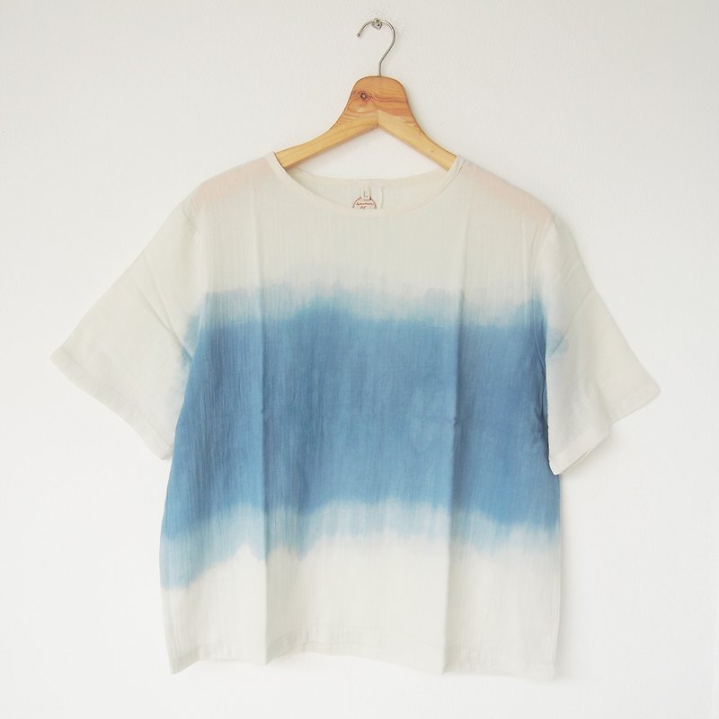 Indigo dip dye short-sleeve shirt / middle - 女装上衣 - 棉．麻 蓝色