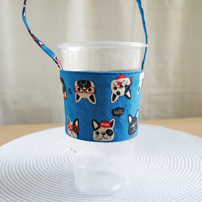 Lovely【日本棉麻布】法斗头像饮料杯袋、提袋、环保杯套【蓝】 - 随行杯提袋/水壶袋 - 棉．麻 蓝色