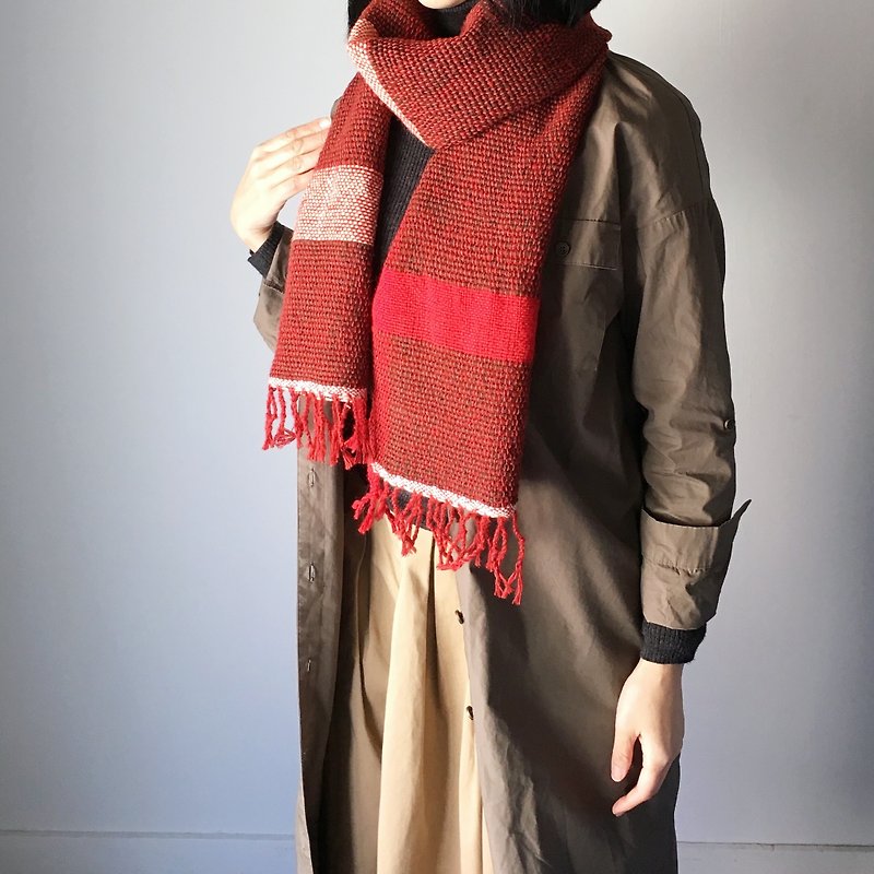 ユニセックス・手織りマフラー "Brown and Red Mix 2" - 男装针织衫/毛衣 - 羊毛 红色