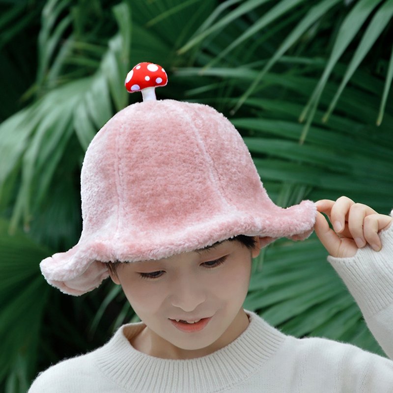 肉嘟嘟小蘑菇 可爱软萌毛绒渔夫帽 粉嫩保暖帽子 礼物 - 帽子 - 聚酯纤维 粉红色